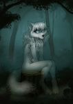  4_toes anthro black_nose blue_eyes canid canine female forest fox fur ghost grass mammal nude sitting solo spirit tasdraws toes tree white_fur 