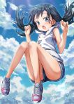  1girl :o amano_hina_(tenki_no_ko) bangs bare_arms bare_shoulders black_hair blue_eyes blue_shorts blue_sky cloud cloudy_sky commentary_request day full_body grey_footwear hands_up highres hood hood_down hoodie itakurakou1993 long_hair looking_at_viewer open_mouth outdoors shoes short_shorts shorts sky sleeveless sleeveless_hoodie solo tenki_no_ko twintails white_hoodie 