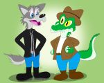  alligator alligatorid anthro canid canine canis clothed clothing cregon crocodile crocodilian crocodylid duo fully_clothed hi_res jollyville male mammal pose reptile scalie simple_background walter_(cregon) wolf 