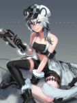  1girl animal_ears arknights armlet bangs black_footwear black_gloves black_legwear black_shorts blue_eyes breasts character_name cleavage cliffheart_(arknights) full_body fur_trim glint gloves grey_background hair_between_eyes hair_ornament hat jeonpa jewelry licking_lips looking_at_viewer medium_breasts navel necklace shoes shorts single_thighhigh sitting solo tail thighhighs tongue tongue_out weapon white_hair 