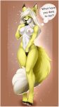  2019 5_fingers absurd_res anthro bastika black_nose blonde_hair breasts canid canine english_text female fingers fox fur hair hi_res mammal navel nude simple_background solo standing text yellow_eyes yellow_fur 