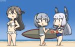  3girls barefoot bikini black_hair blue_sky blue_swimsuit braid breasts casual_one-piece_swimsuit cleavage closed_eyes collarbone commentary_request dated day drink eyebrows_visible_through_hair frilled_bikini frills gradient_sky green_hairband grey_eyes grey_swimsuit hair_ribbon hairband hamu_koutarou haruna_(kantai_collection) headgear highres kantai_collection long_hair medium_breasts multiple_girls murakumo_(kantai_collection) one-piece_swimsuit orange_eyes outdoors ponytail ribbon school_swimsuit short_eyebrows sidelocks silver_hair single_braid sky smile surfboard swimsuit tress_ribbon turtleneck wavy_hair white_bikini x_navel yamagumo_(kantai_collection) 
