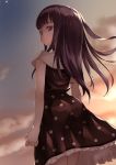  1girl bangs bare_arms blue_sky brown_dress brown_eyes closed_mouth cloud cloudy_sky commentary_request dress dutch_angle eyebrows_visible_through_hair frilled_dress frills long_hair looking_away looking_to_the_side magia_record:_mahou_shoujo_madoka_magica_gaiden mahou_shoujo_madoka_magica nanami_yachiyo outdoors polka_dot polka_dot_dress purple_hair rin2008 sky sleeveless sleeveless_dress solo standing sunset 