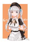  1girl absurdres apron breast_hold breasts bubble_tea_challenge commentary_request gloves hair_ornament hat heterochromia highres kagura_mea kagura_mea_channel large_breasts long_hair looking_at_viewer maid_apron object_on_breast orange_hair silver_hair simple_background virtual_youtuber 