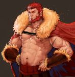  1boy abs bara beard body_hair cape chest facial_hair fate/zero fate_(series) fur_collar hand_on_hip highres looking_at_viewer male_focus male_pubic_hair manly muscle navel nipples pectorals pubic_hair red_eyes red_hair rider_(fate/zero) rumlockerart scar simple_background solo topless 