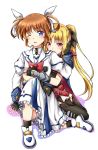  2girls belt black_ribbon blonde_hair blue_eyes blush bow bowtie brown_hair couple fate_testarossa hair_ornament hair_ribbon happy highres long_hair lyrical_nanoha magical_girl mahou_shoujo_lyrical_nanoha mahou_shoujo_lyrical_nanoha_a&#039;s mikasa-01 multiple_girls open_mouth pout red_eyes red_neckwear ribbon short_twintails simple_background skirt smile socks takamachi_nanoha thighs twintails white_background white_ribbon yuri 