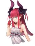  1girl blue_eyes breasts commentary cropped_arms curled_horns dragon_horns elizabeth_bathory_(fate) elizabeth_bathory_(fate)_(all) fang fate/extra fate/extra_ccc fate_(series) hair_ribbon horns kasuka_(kusuki) long_hair looking_at_viewer open_mouth pink_hair pointy_ears red_nails ribbon sideboob sidelocks skin_fang small_breasts smile solo upper_body 