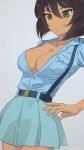  1girl akagi_(fmttps) alternate_costume aoshidan_(emblem) aoshidan_school_uniform artist_name bangs belt belt_buckle black_belt blue_shirt blue_skirt breasts brown_hair buckle cleavage collared_shirt commentary cowboy_shot dark_skin dutch_angle girls_und_panzer green_eyes grey_background highres hoshino_(girls_und_panzer) lips medium_breasts miniskirt pleated_skirt school_uniform shirt short_hair short_sleeves simple_background skirt solo standing standing_on_one_leg suspender_skirt suspenders twitter_username unbuttoned unbuttoned_shirt 