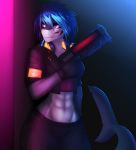  2019 abs anthro blue_hair breasts clothed clothing digital_media_(artwork) female fin fish hair hi_res holding_gun holding_object holding_weapon marine midriff navel non-mammal_breasts purple_eyes shark solo weapon xaenyth 