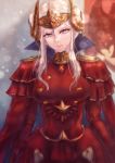  1girl alternate_hairstyle blonde_hair blue_eyes cape closed_mouth commentary_request crown double_bun dress edelgard_von_hresvelgr_(fire_emblem) feh_xeri fire_emblem fire_emblem:_three_houses hair_ornament hair_up headpiece older red_dress solo upper_body 