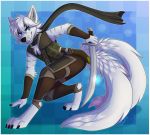  2019 ambiguous_gender black_nose blue_eyes canid canine canis citrinelle claws clothed clothing digital_media_(artwork) fangs fur hair hi_res holding_object holding_sword holding_weapon mammal melee_weapon multi_tail scarf simple_background smile solo sword toe_claws weapon white_fur white_hair wolf 