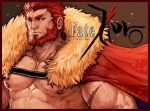  1boy abs bara beard body_hair cape chest facial_hair fate/zero fate_(series) fur_collar looking_at_viewer male_focus manly muscle nipples pectorals red_eyes red_hair rider_(fate/zero) rumlockerart scar simple_background solo 