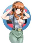  1girl adapted_uniform aoshidan_(emblem) aoshidan_school_uniform arms_up bangs belt belt_buckle black_belt blue_shirt blunt_bangs blush breasts buckle closed_mouth collared_shirt commentary cowboy_shot eyebrows_visible_through_hair girls_und_panzer green_pants hands_on_headphones headphones headphones_around_neck long_hair looking_at_viewer medium_breasts orange_eyes orange_hair pants saitou_gabio school_uniform shirt short_sleeves smile solo standing suspenders takebe_saori thigh_gap unbuttoned unbuttoned_shirt white_background 