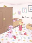  2girls armoire bare_legs bat_wings blonde_hair blue_hair bobby_socks character_doll chibi child_drawing cirno commentary_request cravat flandre_scarlet food from_above hair_ribbon hakurei_reimu hat hat_ribbon headwear_removed heart highres holding_skirt hong_meiling indoors izayoi_sakuya kanpa_(campagne_9) kneeling koakuma laevatein lavender_headwear lavender_legwear lavender_shirt lavender_skirt looking_to_the_side macaron mob_cap multiple_girls no_pants pajamas patchouli_knowledge picking_up picture_(object) picture_frame polka_dot puffy_short_sleeves puffy_sleeves red_eyes red_neckwear remilia_scarlet ribbon rug rumia shadow shirt shirt_removed short_hair short_sleeves siblings side_ponytail sisters skirt skirt_removed smile socks star stuffed_animal stuffed_toy teddy_bear touhou toy_box toy_robot undressing vest_removed white_shirt wings wooden_floor 