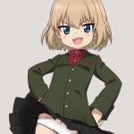  1girl bangs black_skirt blonde_hair blue_eyes bow bow_panties commentary eyebrows_visible_through_hair girls_und_panzer green_jacket grey_background hands_on_lap insignia jacket katyusha lace lace-trimmed_panties long_sleeves looking_at_viewer miniskirt open_mouth panties pantyshot pantyshot_(standing) pleated_skirt pravda_school_uniform red_shirt rubisawataro school_uniform shirt short_hair simple_background skirt smirk solo standing turtleneck underwear v-shaped_eyebrows white_panties wind wind_lift 