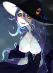  1girl :d blush breasts cleavage hair_between_eyes hat monster_girl nipples open_mouth original scylla smile solo solopipb teeth tentacle_hair wet white_skin witch_hat yellow_eyes 