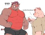  2019 ? absurd_res anthro belly biceps blush bottomwear bulge canid canine clothing duo english_text episode0006 hi_res humanoid_hands male mammal overweight overweight_male pecs shirt shorts simple_background suid suina sus_(pig) text topwear white_background wild_boar 