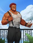  1boy abs absurdres bara bare_shoulders beard belt bracelet chest cup drinking_straw facial_hair fate/grand_order fate/zero fate_(series) glasses highres jewelry looking_at_viewer male_focus manly muscle pants pectorals red_hair rider_(fate/zero) sky smile solo tank_top teeth traver009 veins 