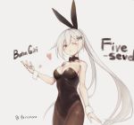  1girl ;o animal_ears bangs black_choker black_legwear black_leotard blush bow_choker breasts brown_eyes bunny_ears bunny_tail bunnysuit character_name choker cleavage commentary cowboy_shot english_text engrish_text fake_animal_ears fake_tail five-seven_(girls_frontline) fuyono_neru girls_frontline grey_background hair_ornament heart leotard long_hair looking_at_viewer medium_breasts one_eye_closed pantyhose parted_lips ponytail ranguage silver_hair simple_background solo standing strapless strapless_leotard tail twitter_username very_long_hair wrist_cuffs 