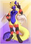  2019 5_fingers anthro blonde_hair blue_fur canid canine canis citrinelle digital_media_(artwork) digitigrade domestic_dog feathered_wings feathers fingers fur hair hi_res hybrid looking_at_viewer male mammal navel open_mouth pink_sclera purple_eyes simple_background smile solo standing teeth tongue wings yellow_fur 