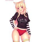  1girl animal_ear_fluff animal_ears bangs blonde_hair blush breasts buruma cat_ears cowboy_shot eyebrows_visible_through_hair fast-runner-2024 hand_on_hip highres large_breasts layered_clothing long_hair looking_at_viewer open_mouth original red_eyes slit_pupils solo thighhighs tiffy white_background 