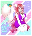  2019 absurd_res artemis_tsukino big_breasts blush bow_tie breasts bulge challenge cleavage clothed clothing domestic_cat dress ears_down embarrassed felid feline felis fluffy fluffy_tail fur gynomorph hair hand_on_breast hands-free_bubble_tea haruhixros hi_res inner_ear_fluff intersex kneeling long_hair long_tail looking_at_viewer mammal meme nipple_outline open_mouth pink_eyes pink_hair pink_nose pivoted_ears rattle slightly_chubby white_fur 