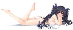  1girl ass bare_legs bare_shoulders barefoot bikini black_hair blush breasts hair_ribbon iwasi-r long_hair looking_at_viewer lying medium_breasts neptune_(series) noire on_stomach red_eyes ribbon simple_background smile swimsuit twintails white_background white_bikini 