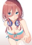  bangs bare_shoulders bikini blue_bikini blue_eyes blush breasts brown_hair cleavage front-tie_top go-toubun_no_hanayome grabbing hair_between_eyes headphones headphones_around_neck highres large_breasts leaning_forward long_hair mizuki_ryuu nakano_miku navel pout shirt side-tie_bikini swimsuit thighs 