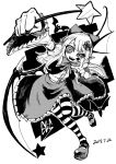  1girl bat bat_wings blackcat_(pixiv) bow buttons cape character_name crazy_eyes dated elis_(touhou) facial_mark fang fingernails flower frilled_skirt frills greyscale hair_flower hair_ornament holding holding_wand leg_up long_hair long_sleeves looking_at_viewer mary_janes monochrome multicolored multicolored_clothes multicolored_legwear open_mouth outstretched_arm pointy_ears shirt_tucked_in shoes skirt smile star star_wand striped striped_legwear talons thighhighs touhou touhou_(pc-98) v wand wide_sleeves wings 