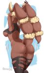  2019 absurd_res anthro breasts brown_fur butt clothed clothing digital_media_(artwork) evomanaphy female fur hi_res lagomorph legwear lopunny mammal mega_evolution mega_lopunny nintendo partially_clothed pok&eacute;mon pok&eacute;mon_(species) rear_view shirt side_boob signature simple_background solo standing stockings topwear video_games white_background 