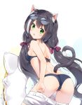  1girl animal_ear_fluff animal_ears ass bangs bare_arms bare_shoulders bikini black_bikini black_hair blush bow breasts cat_ears cat_girl cat_tail commentary_request eyebrows_visible_through_hair eyewear_on_head green_eyes hair_between_eyes hair_bow innertube innertube_with_ears korean_commentary kutata kyaru_(princess_connect) long_hair looking_at_viewer looking_back low_twintails medium_breasts multicolored_hair parted_lips princess_connect! princess_connect!_re:dive red_bow short_shorts shorts shorts_pull sidelocks solo streaked_hair sunglasses swimsuit tail tail_raised twintails undressing very_long_hair white_background white_hair white_shorts 