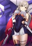  1girl absurdres arms_behind_back artist_name bdsm blush bondage bound breasts brown_eyes cape chain commentary dated english_commentary eyebrows eyebrows_visible_through_hair hair_between_eyes highres honkai_(series) honkai_impact_3rd light_brown_hair long_hair looking_at_viewer michelangelo_(honkai_impact) sheita single_thighhigh skirt solo thighhighs tied_up 