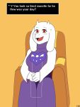  2019 anthro boss_monster bovid breasts caprine clothing female floopy_ears fur hi_res hoodie_stalker horn looking_at_viewer mammal sitting text toriel undertale video_games white_fur 