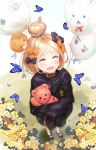 1girl abigail_williams_(fate/grand_order) balloon bangs black_bow black_jacket blonde_hair bow brown_collar bug butterfly closed_eyes collar commentary_request fate/grand_order fate_(series) flower hair_bow hair_bun highres insect jacket kian long_hair object_hug orange_bow orange_flower outdoors parted_bangs sleeves_past_fingers sleeves_past_wrists solo standing stuffed_animal stuffed_toy teddy_bear yellow_flower 