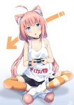  1girl absurdres ahoge animal_ear_fluff animal_ears bangs bike_shorts black_choker black_shorts boots cat_ears choker collarbone controller crossed_ankles game_controller hair_bobbles hair_ornament highres hinata_channel indian_style loose_clothes low_twintails mismatched_legwear nekomiya_hinata open_mouth orange_legwear pink_hair shorts simple_background sitting solo striped striped_legwear tank_top thighhighs twintails vest virtual_youtuber white_footwear white_tank_top white_vest yuzuki_kei zipper_pull_tab 