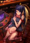  1girl :3 absurdres bangs bar barefoot black_hair chair cigarette closed_mouth commentary_request company_name copyright_name cup dana_zane drink drinking_glass eyebrows_visible_through_hair from_above game_console high_heels highres holding indoors jill_stingray long_hair looking_at_viewer nintendo_switch pink_eyes playstation_4 red_footwear shoes single_shoe sitting smile swept_bangs table television togari1210 twintails va-11_hall-a very_long_hair 
