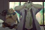  2019 anthro bed belly blush bottomwear canid canine canis cigarette clothing cu_sith_(tas) detailed_background domestic_dog duo eyewear glasses ha11nu hi_res hoodie humanoid_hands leib_(tas) male mammal moobs necktie overweight overweight_male pants polar_bear scarf smoking tokyo_afterschool_summoners topwear underwear ursid ursine video_games 
