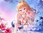  1girl :d backlighting bangs bare_arms bare_shoulders beach belt_buckle bikini blonde_hair blue_eyes blush bracelet breasts buckle cityscape cleavage collarbone denim denim_shorts earrings eyebrows_visible_through_hair flower heart hibiscus holding horizon idolmaster idolmaster_cinderella_girls jewelry large_breasts long_hair looking_at_viewer multicolored multicolored_bikini multicolored_clothes navel necklace ootsuki_yui open_clothes open_fly open_mouth open_shorts outdoors palm_tree ponytail rainbow_bikini rainbow_order red_flower seashell shell short_shorts shorts sidelocks sky smile solo star star_earrings striped striped_bikini sunlight swimsuit takeashiro tree twilight unbuckled_belt wavy_hair 