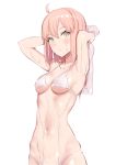  1girl ahoge armpits bikini breasts collarbone commentary_request eyebrows_visible_through_hair fate/grand_order fate_(series) hair_between_eyes highres holding holding_towel jilu looking_at_viewer medium_breasts okita_souji_(fate) okita_souji_(fate)_(all) short_hair simple_background solo swimsuit towel wet white_background white_bikini 