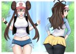  2girls angry ass baseball_cap blue_eyes blush breasts brown_hair closed_eyes commentary cosplay costume_switch double_bun grass hair_bun hat highres huge_ass large_breasts looking_at_viewer looking_back low_twintails mei_(pokemon) multiple_girls navel open_mouth pantyhose pokemon pokemon_(game) pokemon_bw pokemon_bw2 ponytail short_shorts shorts sweatdrop tank_top the_only_shoe touko_(pokemon) twintails vest visor_cap wristband 