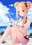  1girl abigail_williams_(fate/grand_order) akaya_(pixiv20545353) bangs bikini bikini_skirt black_bikini black_bow blonde_hair blue_eyes blush bow breasts collarbone day eyebrows_visible_through_hair fate/grand_order fate_(series) hair_bow highres holding in_water long_hair looking_at_viewer orange_bow outdoors parted_bangs polka_dot polka_dot_bow see-through sitting small_breasts solo swimsuit very_long_hair 