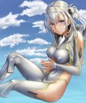  1girl alternate_costume blue_eyes blue_sky blush bodysuit breasts clothes_writing cloud covered_navel day eyebrows_visible_through_hair feet_out_of_frame floating grey_bodysuit hachimaki hair_between_eyes hands_together headband highres kantai_collection kokuzoo long_hair looking_at_viewer medium_breasts one_side_up outdoors parted_lips silver_hair sky solo suzutsuki_(kantai_collection) 