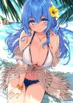  1girl bare_shoulders bikini blue_bikini_bottom blue_eyes blue_hair breasts cleavage collarbone commentary_request cowboy_shot cu-no day earrings flower hair_between_eyes hair_flower hair_ornament halter_top halterneck hand_up hibiscus hisenkaede hoop_earrings jewelry kohitsuji_ai large_breasts leaf long_hair looking_at_viewer mismatched_bikini nail_polish navel necklace o-ring o-ring_bikini ocean off_shoulder outdoors scrunchie sidelocks sitting smile solo stomach sunlight swimsuit thighs white_bikini_top wrist_scrunchie yellow_flower 