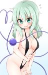  1girl bangs bare_arms bare_shoulders black_swimsuit blue_background blush breasts collarbone commentary_request cowboy_shot eyebrows_visible_through_hair flying_sweatdrops gradient gradient_background green_eyes green_hair groin hair_between_eyes halterneck heart heart_of_string highres komeiji_koishi long_hair looking_at_viewer medium_breasts navel no_hat no_headwear one-piece_swimsuit open_mouth sidelocks slingshot_swimsuit solo standing stomach suwa_yasai sweat swimsuit thighs third_eye touhou white_background 