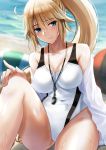  1girl blonde_hair blue_eyes blurry blurry_background breasts competition_swimsuit covered_navel fate/grand_order fate_(series) highres hood hooded_jacket jacket jeanne_d&#039;arc_(fate)_(all) jeanne_d&#039;arc_(swimsuit_archer) large_breasts long_hair long_sleeves nikek96 one-piece_swimsuit open_clothes open_jacket ponytail solo swimsuit wet whistle whistle_around_neck white_jacket white_swimsuit 