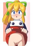  1girl blonde_hair blue_eyes blush bottomless capcom dress edit eyebrows eyebrows_visible_through_hair facing_viewer female female_focus female_only front_view hair hair_bow hair_ornament hair_ribbon looking_at_viewer mega_man mugai no_panties open_mouth pussy robot robot_girl rockman rockman_(classic) roll skirt skirt_lift solo solo_focus teeth tongue vagina 