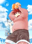  2019 anthro belly blue_fur bottomwear bulge canid canine clothing detailed_background duo fur hoodie humanoid_hands inuryu male mammal moobs navel outside overweight overweight_male shorts topwear ursid water wet 