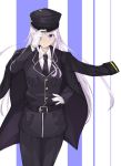  1girl absurdres adjusting_headwear azur_lane belt black_coat black_headwear black_legwear black_neckwear black_shirt buttons closed_mouth coat collared_shirt commentary_request cowboy_shot enterprise_(azur_lane) eyebrows_visible_through_hair eyes_visible_through_hair gloves hand_on_hip hat highres hof_re122000 long_hair long_sleeves military military_uniform necktie pants pocket purple_eyes shirt simple_background solo striped striped_background undershirt uniform very_long_hair white_gloves white_hair white_undershirt 