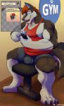  2018 4_toes 5_fingers anthro bara-diction barefoot biceps biped black_claws black_eyebrows black_fur black_nipples black_tail bottomwear bulge canid canine canis cellphone claws clothed clothing dialogue digital_media_(artwork) digitigrade english_text eyebrows eyes_closed fingers front_view fur grey_bottomwear grey_clothing grey_fur grey_nose grey_shorts grey_tail gym hair hi_res holding_object holding_phone male mammal multicolored_fur multicolored_tail muscular muscular_male nipples open_mouth pecs phone red_clothing red_hair red_shirt red_topwear shirt shorts sitting smile solo storm_(stormwx_wolf) straddling tank_top text texting toe_claws toes topwear two_tone_fur two_tone_tail weight_bench wolf 