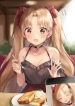  1girl bangs bare_shoulders black_dress blonde_hair blush bow breasts cellphone cleavage collarbone commentary_request dress earrings ereshkigal_(fate/grand_order) eyebrows_visible_through_hair fate/grand_order fate_(series) food fork hair_bow highres holding holding_fork ishita_umi jewelry long_hair looking_at_viewer medium_breasts open_mouth parted_bangs phone photo_(object) red_bow red_eyes smartphone solo_focus two_side_up 